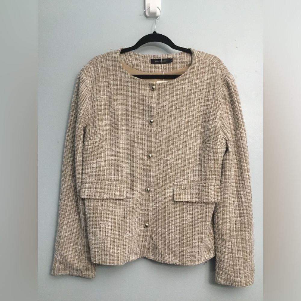 MEROKEETY Chic Beige Tweed Blazer